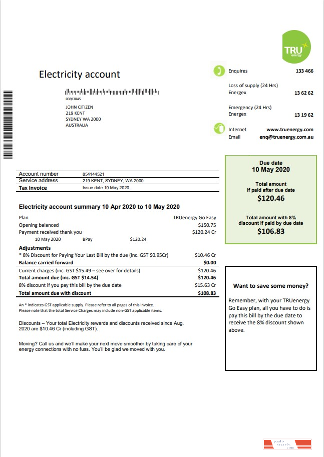 Australia Tru Energy electricity utility bill template in Word and PDF format